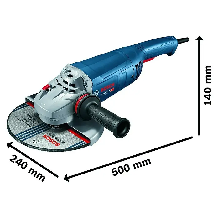 Bosch Professional Elektro-Winkelschleifer GWS 22-230 J - 2.200 W, Durchmesser Scheibe: 230 mm - Darstellung eines blauen Bosch Winkelschleifers mit Abmessungen, der für professionelle Schleifarbeiten geeignet ist.