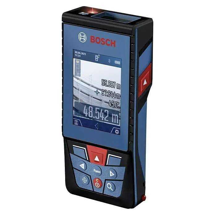 Bosch Professional Laserentfernungsmesser GLM 100-25 C - Messbereich: 0,08 - 100 m - Das Bild zeigt einen Bosch GLM 150 C Laser-Entfernungsmesser. Das Gerät verfügt über ein Farbdisplay und Tasten zur einfachen Bedienung.