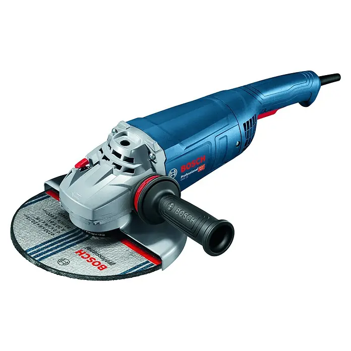 Bosch Professional Elektro-Winkelschleifer GWS 22-230 J - 2.200 W, Durchmesser Scheibe: 230 mm - Eine blaue Bosch GWS 22 Professional Schleifmaschine mit einem schwarzen Zusatzgriff und einer montierten Schleifscheibe.