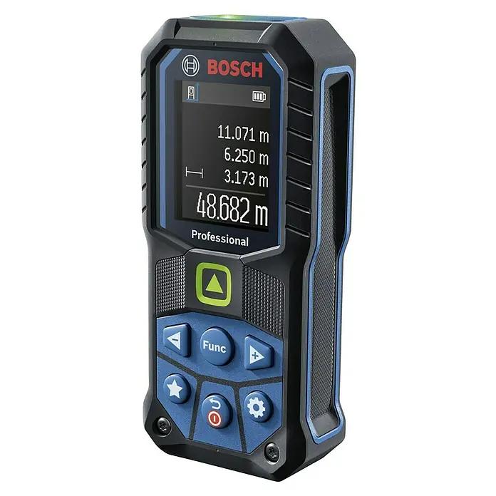 Bosch Professional Laserentfernungsmesser GLM 50-25 G - Messbereich: 0,05 - 50 m - Bild eines Bosch Professional Laser-Entfernungsmessers mit Display, das Messwerte anzeigt, und blauen Tasten zur Bedienung.