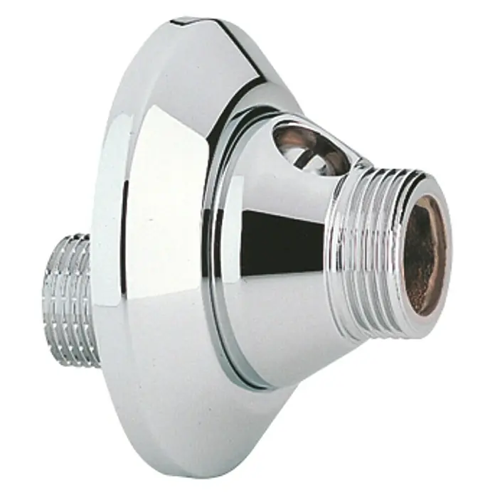 Grohe S-Anschluss - Chrom, ¾″ - Nahaufnahme eines glänzenden Chrom-Duscharmanschlusses mit Gewinden und einem Loch.