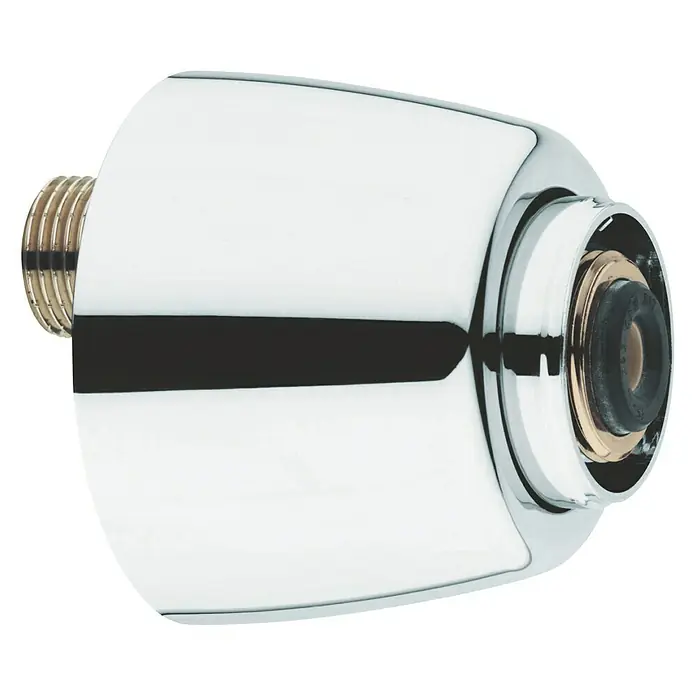Grohe S-Anschluss - Chrom, Außengewinde: ¾″, Innengewinde: ½″, Oval - Ein glänzender, verchromter Wasserhahnkopf mit Gewinde, der ein modernes Badezimmerdesign ergänzt.