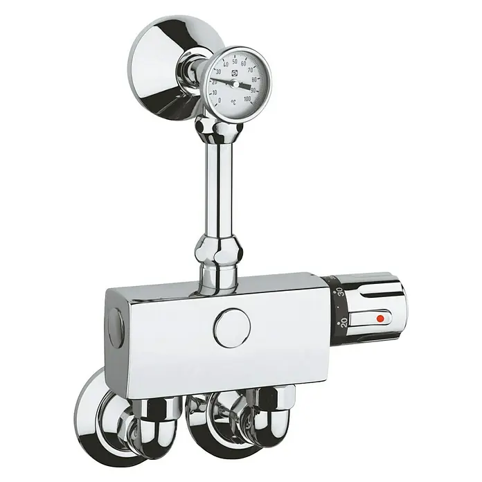 Grohe S-Anschluss - Chrom, ¾″ - Nahaufnahme einer thermostatischen Mischbatterie mit Temperaturanzeige, glänzend verchromt, für ein elegantes Badezimmerdesign.