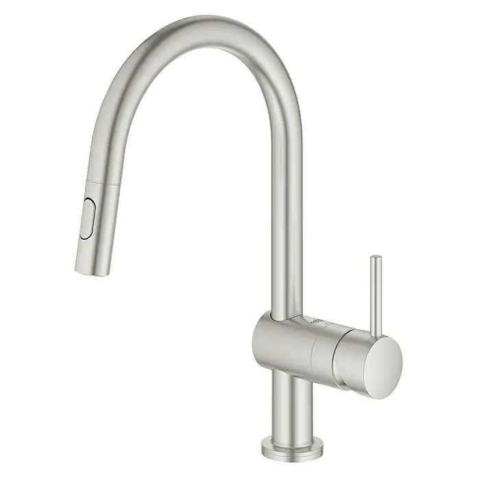 Grohe Spültischarmatur Minta Touch - Supersteel, Matt - Eine moderne Edelstahl Küchenarmatur mit hohem Auslauf und seitlichem Hebel, ideal für jede moderne Küche.