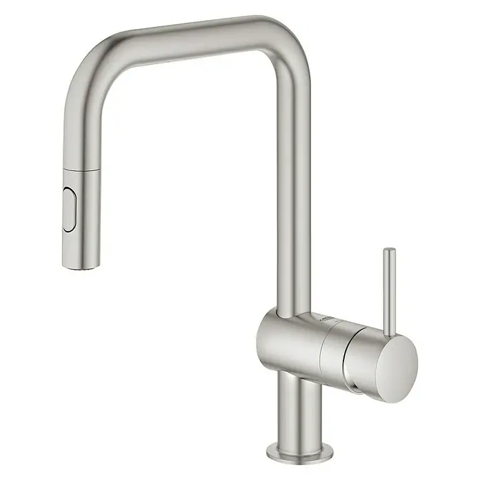 Grohe Spültischarmatur Minta - U-Auslauf, Supersteel, Matt, Anzahl Strahlarten: 2 Stk. - Eine elegante Küchenarmatur in gebürstetem Edelstahl mit einem hohen, schwenkbaren Auslauf und einem schlanken Hebel.