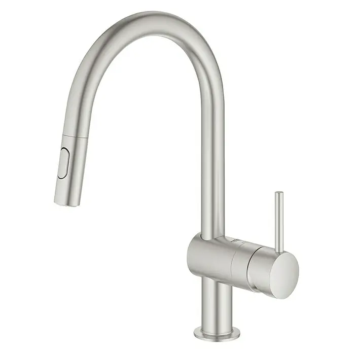 Grohe Spültischarmatur Minta - C-Auslauf, Supersteel, Matt, Anzahl Strahlarten: 2 Stk. - Elegante Küchenarmatur aus gebürstetem Edelstahl mit hohem Auslauf und praktischer Ausziehbrause für höchsten Komfort und Flexibilität.