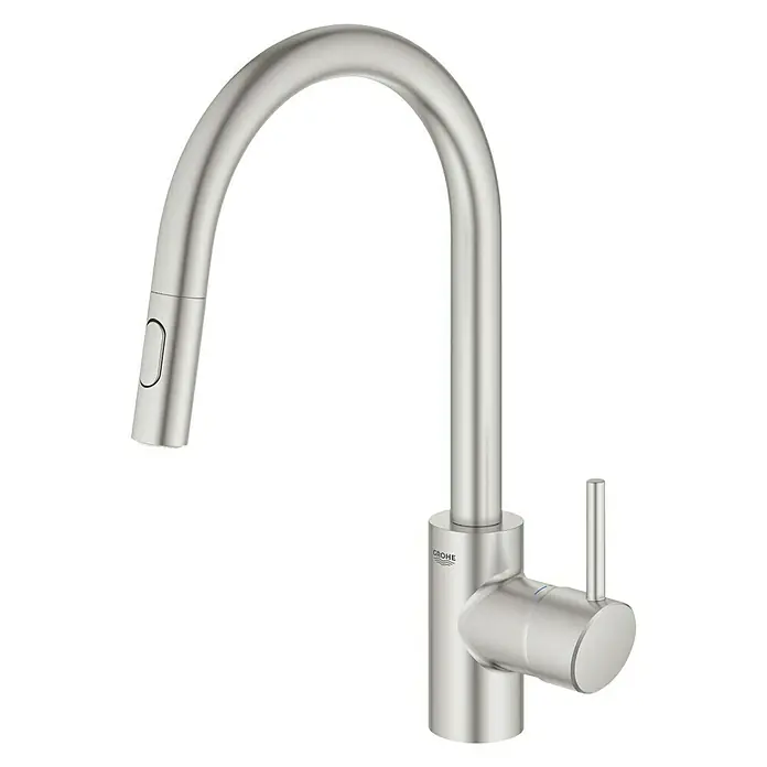 Grohe Concetto Spültischarmatur - Supersteel, Matt, Anzahl Strahlarten: 2 Stk. - Stylische Küchenarmatur von Grohe mit hohem Auslauf und praktischer Handbrause in gebürstetem Edelstahl-Look.