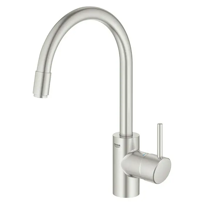 Grohe Concetto Spültischarmatur - Supersteel, Matt, Ausziehbar - Nahaufnahme eines Grohe Küchenwasserhahns aus gebürstetem Edelstahl mit geschwungenem Auslauf und seitlichem Hebel auf schwarzem Hintergrund.