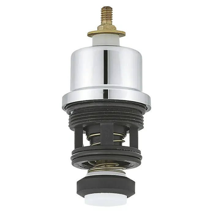 Grohe Umsteller 08915 - Geeignet für: Bade- & Brausearmaturen, Verchromt - Detailaufnahme einer Wasserhahn-Kartusche mit Chromoberfläche, Gewindeanschluss und Dichtungen für Sanitäranwendungen.