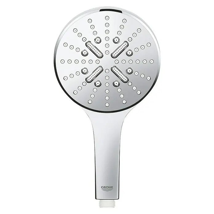 Grohe Rainshower SmartActive Handbrause 130 - Anzahl Funktionen: 3 Stk., Durchmesser: 13 cm, Chrom - Detaillierte Ansicht eines Grohe Duschkopfes, der ein modernes Design und hochwertige Verarbeitung für ein optimales Duscherlebnis verspricht.