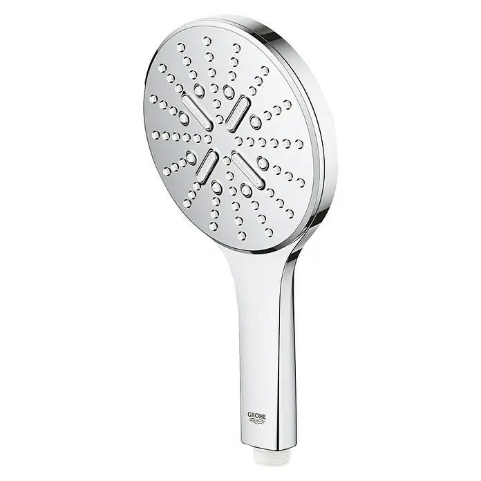 Grohe Rainshower SmartActive Handbrause 130 - Anzahl Funktionen: 3 Stk., Durchmesser: 13 cm, Chrom - Nahaufnahme eines Grohe Duschkopfes aus Chrom mit verschiedenen Strahlarten für ein entspannendes Duscherlebnis.