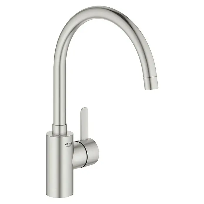 Grohe Eurosmart Cosmopolitan Spültischarmatur - C-Auslauf, Supersteel, Matt - Nahaufnahme einer Grohe Küchenarmatur mit hohem Auslauf und Einhebelmischer in gebürstetem Edelstahl. Elegantes Design für moderne Küchen.
