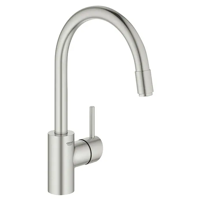 Grohe Concetto Spültischarmatur - Supersteel, Matt, Ausziehbar - Nahaufnahme eines GROHE Küchenarmatur mit gebürsteter Oberfläche, das durch sein minimalistisches Design besticht.