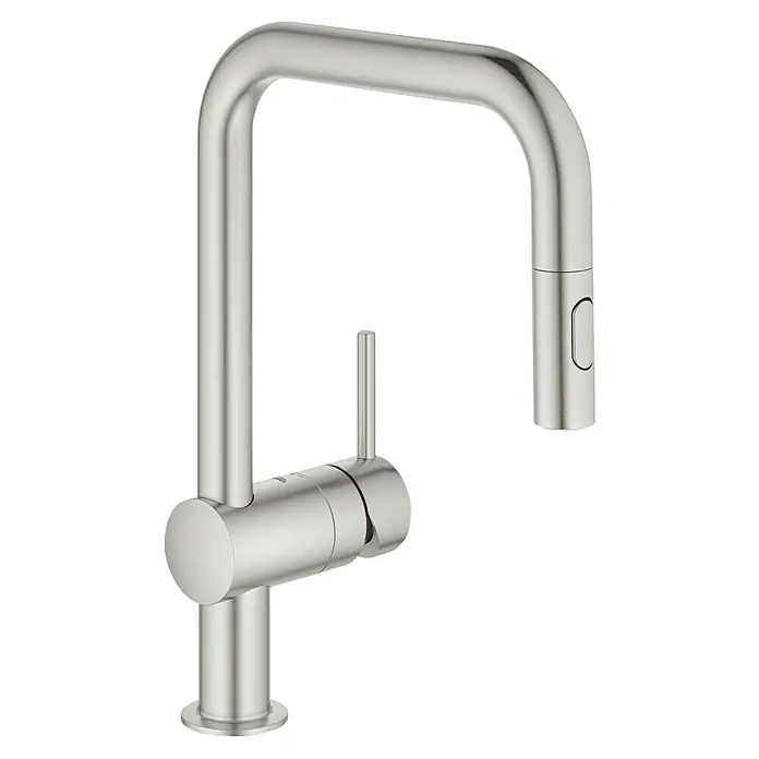Grohe Spültischarmatur Minta - U-Auslauf, Supersteel, Matt, Anzahl Strahlarten: 2 Stk. - Bild einer GROHE Küchenarmatur in gebürstetem Edelstahl mit hohem Auslauf und Einhebelmischer.