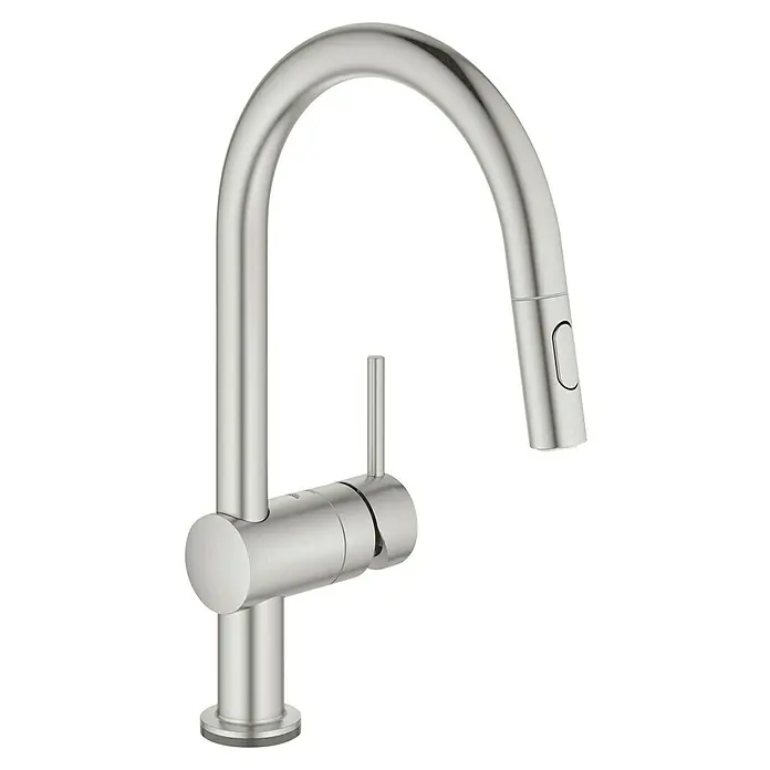 Grohe Spültischarmatur Minta Touch - Supersteel, Matt - Moderner Küchenhahn aus gebürstetem Nickel mit hohem Auslauf und herausziehbarer Brause. Funktionales Design für jede Küche.