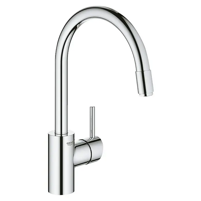 Grohe Concetto Spültischarmatur - C-Auslauf, Chrom, Glänzend, Ausziehbar - Nahaufnahme einer glänzenden Chrom-Küchenarmatur von Grohe mit einem hohen, geschwungenen Auslauf und einem schlanken Hebel.