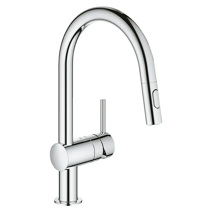Grohe Spültischarmatur Minta 2 - C-Auslauf, Chrom, Glänzend - Eine glänzende Chrom-Küchenarmatur mit hohem Auslauf und einem schlanken, modernen Design, ideal für jede moderne Küche.
