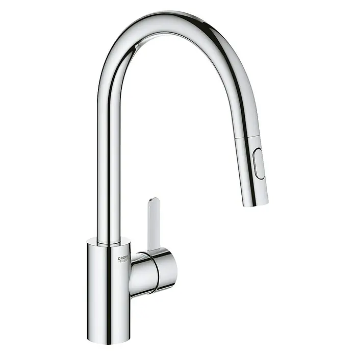 Grohe Eurosmart Cosmopolitan Spültischarmatur - Chrom, Glänzend, Anzahl Strahlarten: 2 Stk. - Diese Aufnahme zeigt eine moderne Grohe Küchenarmatur in glänzendem Chrom, die sich durch ihre hohe Funktionalität und elegantes Design auszeichnet.