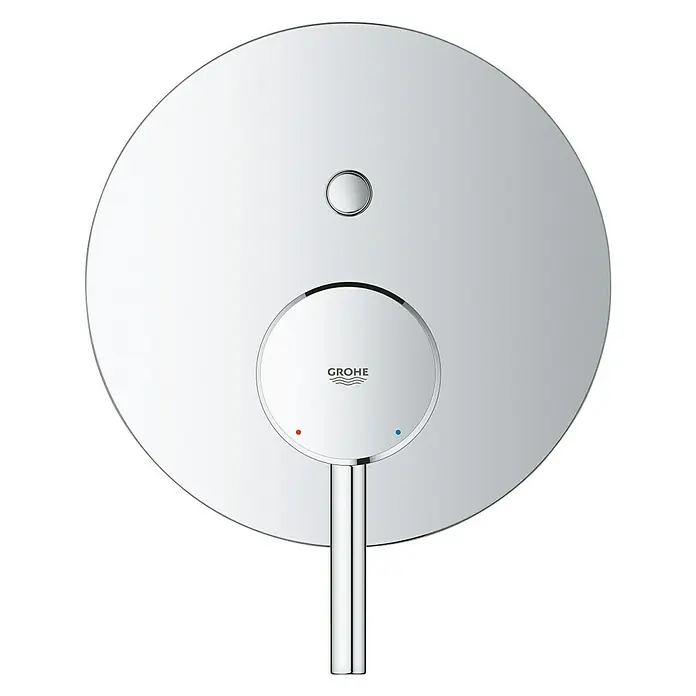 Grohe Concetto UP-Badewannenarmatur - Chrom, Glänzend - Nahaufnahme einer Grohe Duscharmatur mit rundem Design und Hebel, hervorstechend durch ihre Chromoberfläche und die roten und blauen Temperaturmarkierungen.