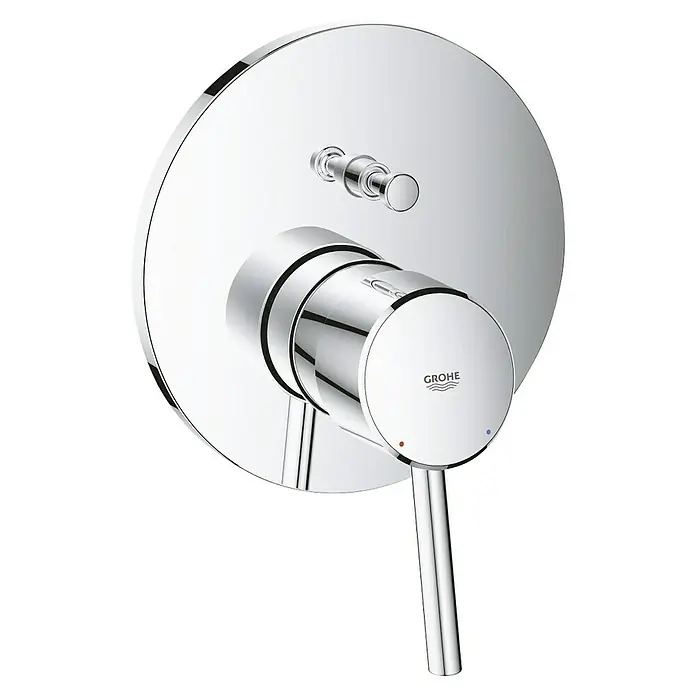 Grohe Concetto UP-Badewannenarmatur - Chrom, Glänzend - Nahaufnahme einer GROHE Armatur mit Hebel und runder Chromblende. Das Design ist modern und minimalistisch, ideal für Badezimmer.