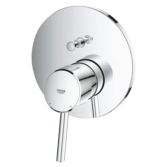 Grohe Concetto UP-Badewannenarmatur - Chrom, Glänzend - Nahaufnahme eines glänzenden Grohe Duschmischers mit Temperaturregler und Hebel. Das schlanke Design ist ein Blickfang im Badezimmer.