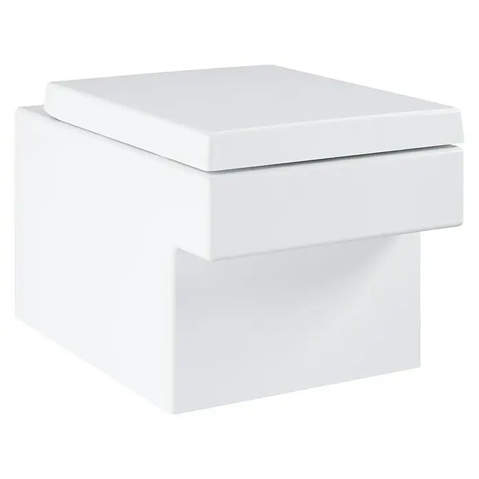 Grohe WC-Sitz Cube Ceramic - Duroplast, Weiß, Mit Absenkautomatik - Nahaufnahme einer modernen, weißen Toilette mit quadratischem Design, die Eleganz und Funktionalität im Badezimmer vereint.