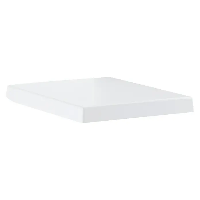 Grohe WC-Sitz Cube Ceramic - Duroplast, Weiß, Mit Absenkautomatik - Nahaufnahme einer weißen, quadratischen Toilettenbrille mit glatter Oberfläche vor schwarzem Hintergrund.