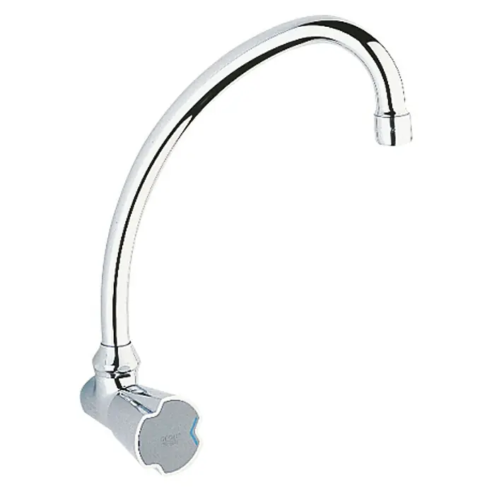 Grohe Rohrauslauf - Chrom, Messing, Ausladung: 185 mm - Verchromter Küchenarmatur mit geschwungenem Auslauf und blauem Akzent am Griff. Die Armatur ist vor einem schwarzen Hintergrund isoliert.