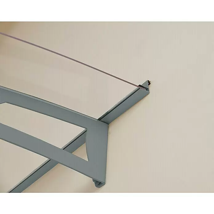 Palram – Canopia Pultvordach Aquila - 150,5 x 91,5 x 17,5 cm, Hellgrau, Farbe Dach: Klar - Glasvordach mit transparenter Platte und grauer Metallhalterung, an einer Wand montiert.