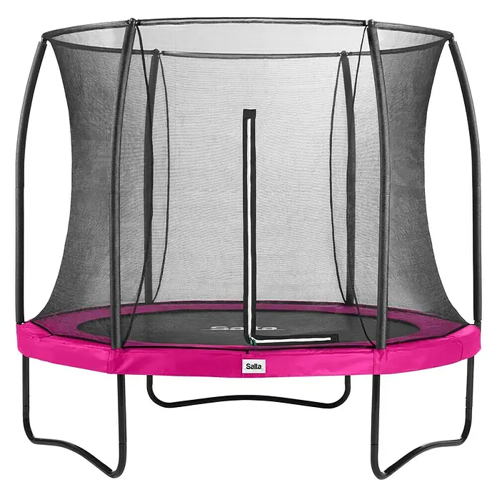 Salta Trampolin Comfort EditionDurchmesser: 213 cm, Pink - Ein freistehendes Salta-Trampolin mit einem Sicherheitsnetz und einem rosafarbenen Rahmenpolster. Ideal für den Garten.