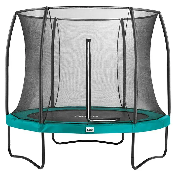 Salta Trampolin Comfort Edition - Durchmesser: 251 cm, Grün - Ein großes, rundes Salta-Trampolin mit Sicherheitsnetz für Outdoor-Spaß im Garten. Das Trampolin ist mit einem grünen Randpolster versehen.