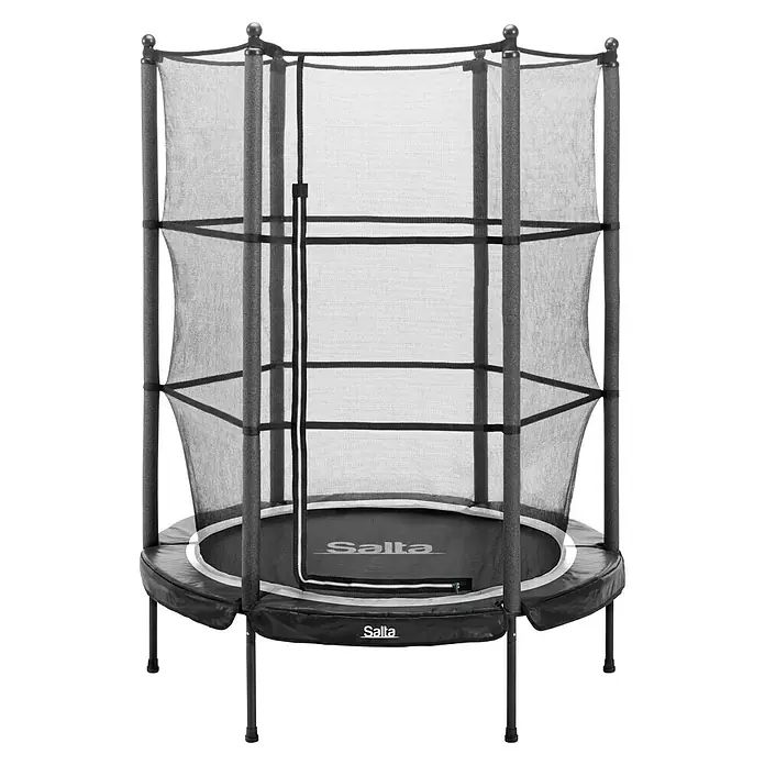 Salta Trampolin Junior - Durchmesser: 140 cm, Pink - Ein graues Salta-Trampolin mit Sicherheitsnetz und gepolstertem Rand, ideal für Spaß und sicheres Spielen im Garten.