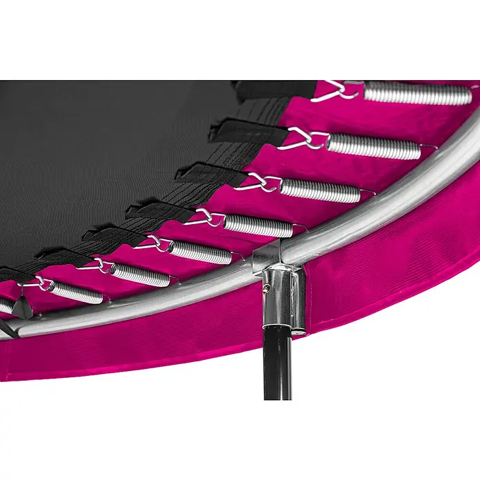 Salta Trampolin Comfort EditionDurchmesser: 213 cm, Pink - Detailaufnahme eines pinkfarbenen Trampolins mit Federn, Sprungmatte und Metallrahmen, das die Konstruktion und das Design hervorhebt.