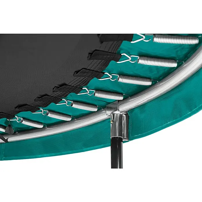 Salta Trampolin Comfort Edition - Durchmesser: 251 cm, Grün - Nahaufnahme eines Trampolins mit Federn, Rahmen und Sprungtuch, das für sicheres Springen sorgt.