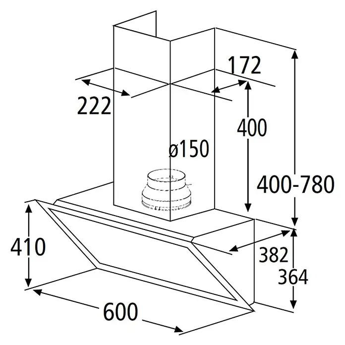 PKM Schräghaube S33-60 BTH - Breite: 60 cm, Max. Gebläseleistung Abluftbetrieb: 538 m³/h, Schwarz - Abbildung eines Dunstabzugshaubenschemas mit Bemaßungen, die die Größe und Konfiguration des Geräts zeigen.