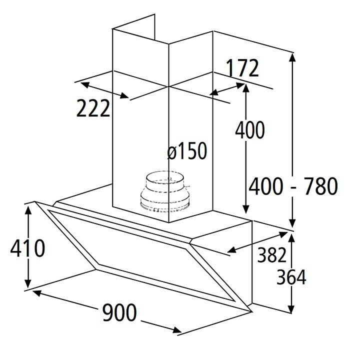 PKM Schräghaube S33-90 BTHBreite: 90 cm, Max. Luftleistung: 538 m³/h, Schwarz Sketch