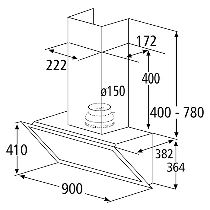 PKM Schräghaube S33-90 BTH - Breite: 90 cm, Max. Gebläseleistung Abluftbetrieb: 538 m³/h, Schwarz - Eine technische Zeichnung einer Dunstabzugshaube mit Maßen. Das Gerät ist detailliert dargestellt.