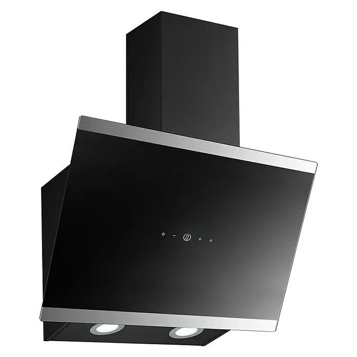 PKM Schräghaube S33-60 BTH - Breite: 60 cm, Max. Gebläseleistung Abluftbetrieb: 538 m³/h, Schwarz - Schwarze Dunstabzugshaube mit silbernen Akzenten und zwei LED-Leuchten für moderne Küchen.