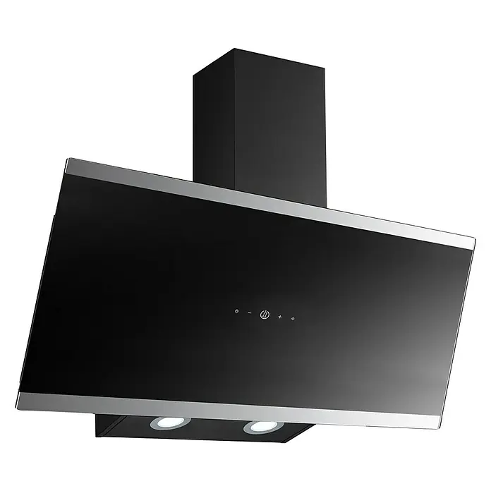PKM Schräghaube S33-90 BTHBreite: 90 cm, Max. Gebläseleistung Abluftbetrieb: 538 m³/h, Schwarz - Elegante Dunstabzugshaube in Schwarz mit silbernen Akzenten und integrierter Beleuchtung für eine moderne Küche.