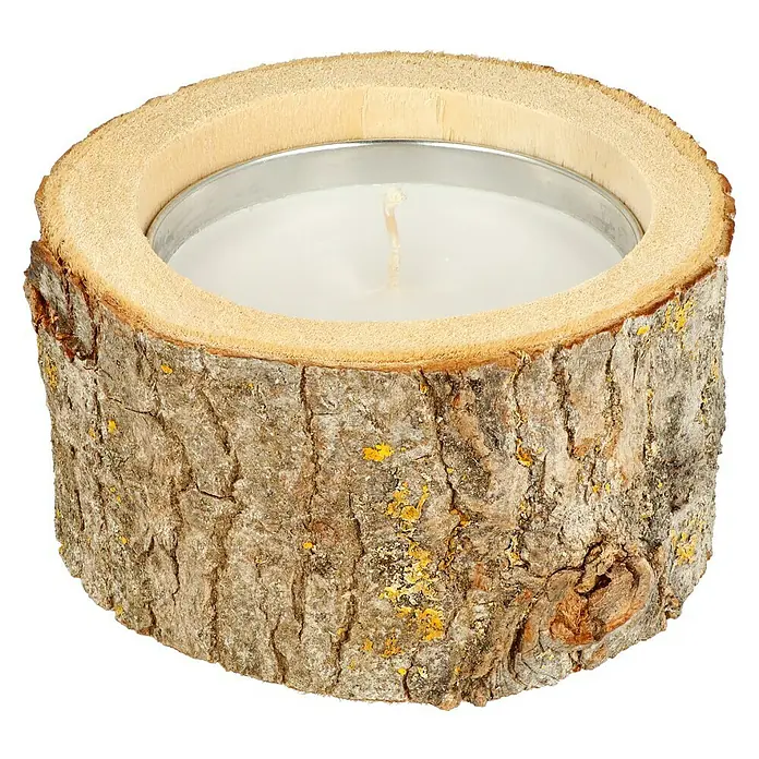Duftkerze Holzkerzenhalter - Citronella, Weiß - Rustikaler Teelichthalter aus Baumrinde mit Kerze. Naturholzdesign für gemütliche Atmosphäre im Wohnbereich.