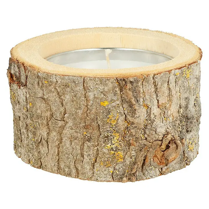 Duftkerze Holzkerzenhalter - Citronella, Weiß - Kerzenhalter aus Baumrinde mit Teelicht. Rustikaler Kerzenständer für gemütliche Atmosphäre.