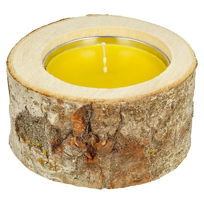 Duftkerze Holzkerzenhalter - Citronella, Gelb - Ein rustikaler Kerzenhalter aus Birkenholz mit einer gelben Kerze in einer Metalleinfassung. Ideal für eine gemütliche Atmosphäre.