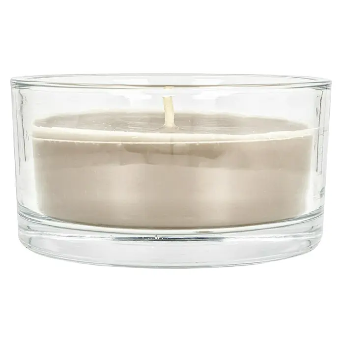 Outdoor-Kerze in Glasschale - Ø x H: 15 x 8 cm, Stein - Nahaufnahme einer grauen Kerze in einem durchsichtigen Glasbehälter, die ein warmes und gemütliches Ambiente verspricht.