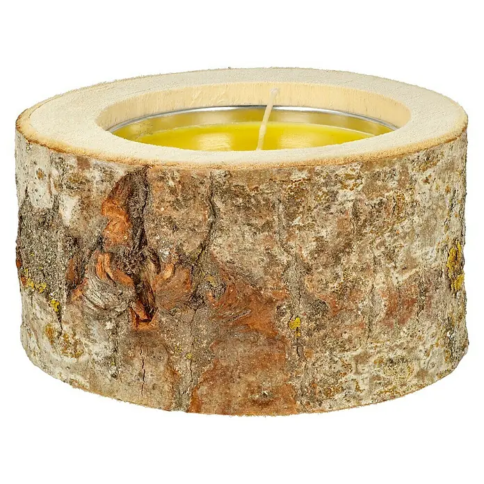 Duftkerze Holzkerzenhalter - Citronella, Gelb - Teelichthalter aus einem Baumstamm mit gelbem Wachs. Der rustikale Kerzenhalter bringt eine warme und gemütliche Atmosphäre in jeden Raum.