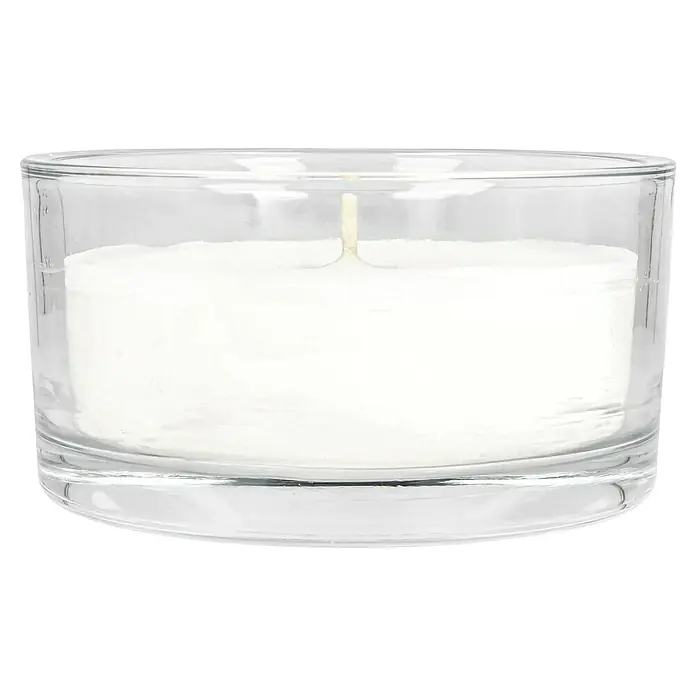 Outdoor-Kerze in Glasschale - Ø x H: 15 x 8 cm, Wollweiß - Nahaufnahme einer weißen Duftkerze in einem durchsichtigen Glasbehälter, die eine warme und gemütliche Atmosphäre verspricht.