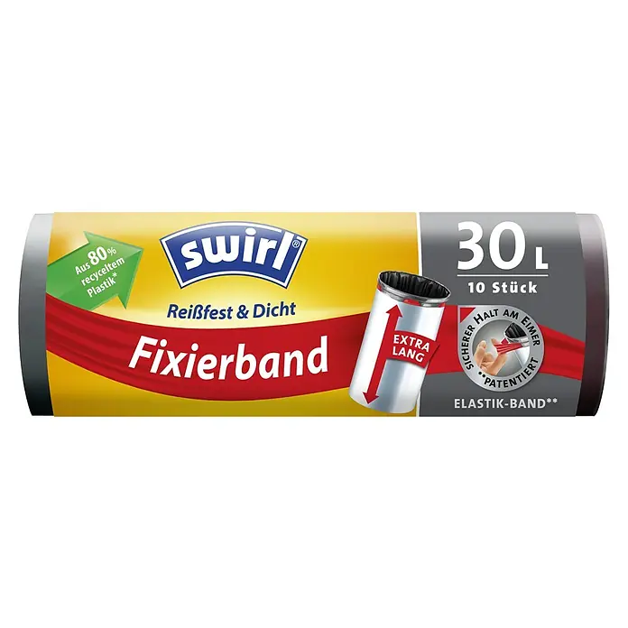Swirl Müllbeutel mit Fixierband - Fassungsvermögen: 30 l, 10 Stk., Schwarz - Eine Rolle Swirl-Müllbeutel mit Fixierband, hergestellt aus 80 % recyceltem Kunststoff, mit einem Fassungsvermögen von 30 Litern und 10 Stück pro Rolle.