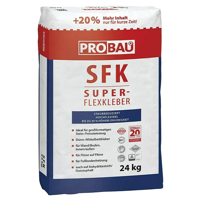 Probau Flexkleber Superflex SFK - 24 kg - Produktdetailaufnahme eines 24-kg-Sacks Probau SFK Superflexkleber, ideal für Fliesenarbeiten mit hoher Flexibilität und Ergiebigkeit.