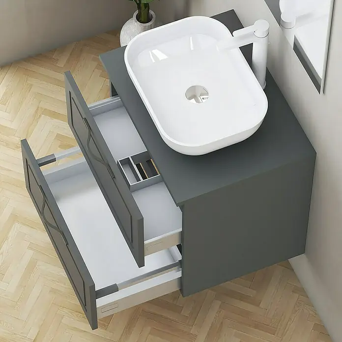 Artysan Mueble bajo de lavabo Toja - An x Pr x Al: 80 x 45 x 54,5 cm, Antracita - Mueble de baño gris con cajones abiertos y un moderno lavabo sobre encimera.