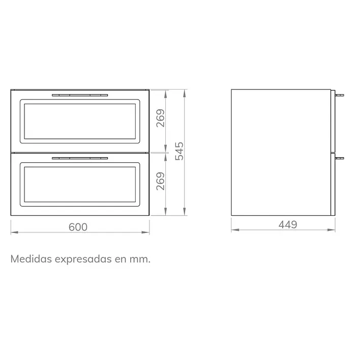 Artysan Mueble bajo de lavabo Toja - An x Pr x Al: 60 x 45 x 54,5 cm, Musgo - Ilustración de un horno doble, que mide 600 x 449 x 545 mm, siendo cada horno de 269 mm de altura.
