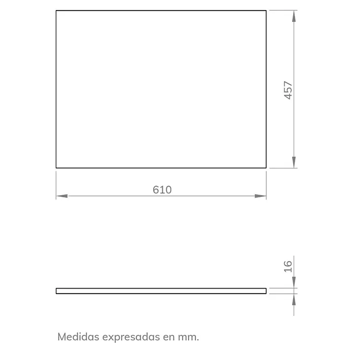 Artysan Encimera para lavabo Toja - 45,7 x 61 x 1,6 cm, Antracita - Imagen del producto que muestra las dimensiones: 610 mm de ancho, 457 mm de alto y 16 mm de espesor. Las medidas se expresan en milímetros.
